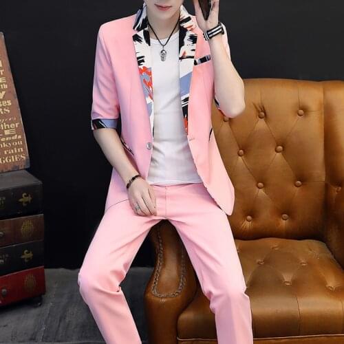 2021 Summer New Fashion Leisure Collar Edge Printing Seven - Cent Sleeve Two-piece Suits Slim Mens Suits with Pants