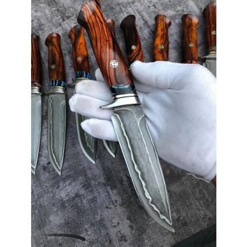 Handmade real Damascus steel hunting knife 60 HRC Damascus Steel camping fixed knife Desert iron and wood combination handle