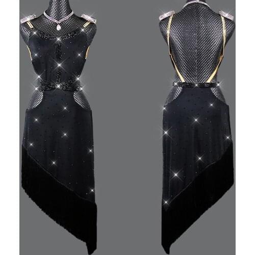 2021 Latin Dance Competition Dress Black Rhinestone Sexy Dress Women Sumba Rumba Tango Dance Costume Fringe Latin Dress DNV15162