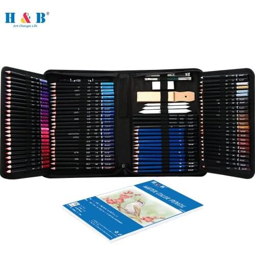 H&B 145PCS Professional Oil Colored Pencils and Sketch Set Charcoal Graphite Pencil Eraser Extender Draw Paper Carrying Bag