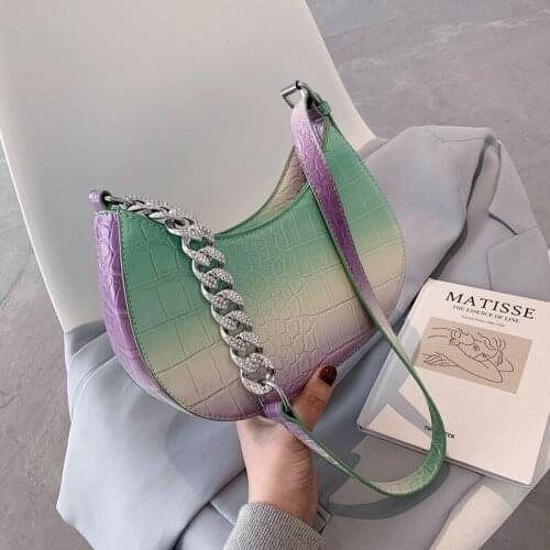 Women Luxury PU Leather Handbags Bag for 2021 Girl Female Shopper New Fashion Color Gradient Chain with Diamonds Crescent Purses