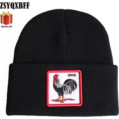 Knitted Cap Winter Warm Beanie Animal Men Cock Wolf Embroidery Hedging Soft Wool Knit Hat Women Cycling Skiing Cap Unisex