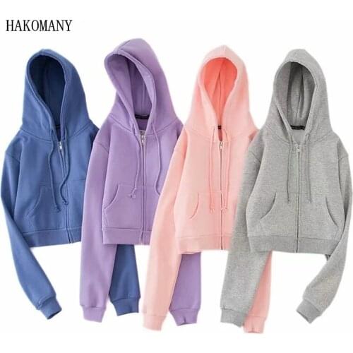 2020 Autumn Winter Harajuku Open Zipper Long Sleeve Hoodies Fleece Cropped Hooded Sweatshirt Women Casual Jumper Short Sweats