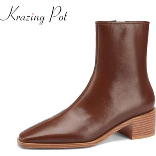 Krazing Pot cow split leather med heels modern superstar square toe winter concise 2021 classic big size office lady ankle boots