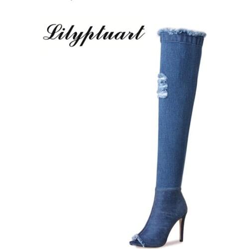 2020 European and American style denim holes long fish mouth sandals high heel short sandals large size over the knee boots