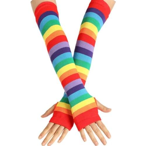Women Girl Knitted Over Elbow Long Arm Warmers US Flag Rainbow Stripes Patchwork Fingerless Gloves with Thumb Hole Party Costume