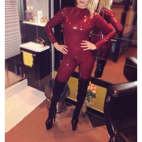 Classical Fetish catsuit dark red Zentai womens tight suit with back zip to abdomen made of 0.4mm thickness natural materials