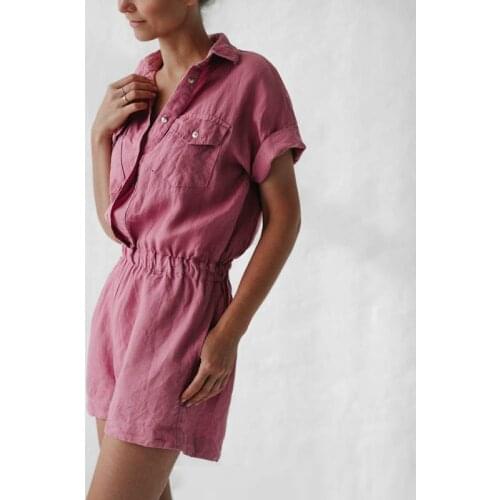 Spring Elastic Waist Button Shorts Jumpsuit Women Turn-down Collar Cotton Shirt Romper Summer Short Sleeve Pocket Beach Overalls