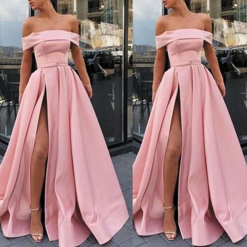 SuperKimJo Robe De Soiree Boat Neck Pink Prom Dresses 2020 Elegant Satin Cheap Pink Prom Gown 2021 Vestido De Longo