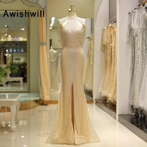 2020 New Arrival Beading Crystals Long Prom Dresses Mermaid Front Split Sleeveless Backless Long Evening Formal Gown Party Dress