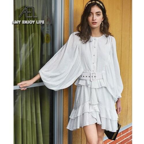 AEL Asymmetrical waist belt Dresses Female O Collar bishop Sleeve High Waist Medium short Dress Womens 2020 Fashion Tide loose