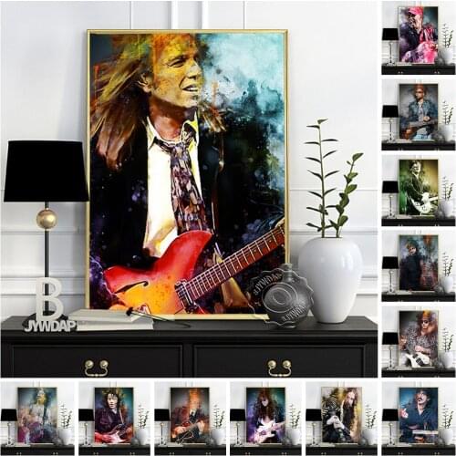 Famous Guitarist Rock Music Legend Poster, Vintage Star Portrait Watercolor Canvas Painting, Bar Pub Club Fans Collection Decor