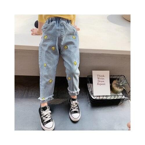 Childrens Denim Pants Korean Childrens Girls Jeans Autumn 2020 New Baby Girls Smlie Face Print Cowboy Pants Toddler Trousers
