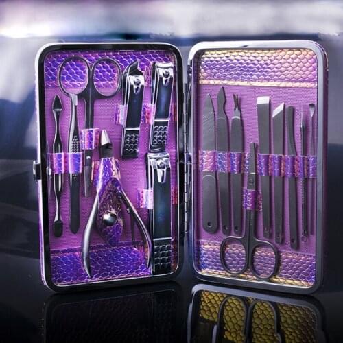 Purple Fashion Professional 16 Pcs Nail Clippers Set Scissors Tweezer Knife Manicure Cutter Nail Art Pedicure Manicure Tools