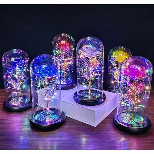 Artificial Eternal Rose LED Light Beauty The Beast In Glass Cover Christmas Home Decor For Mother Valentines Day Christmas Gift