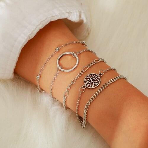 Docona Hollow Geometric Leaf Circle Bracelet Set for Women Chains Adjustable Bracelets Bangle Set Pulseiras 3946