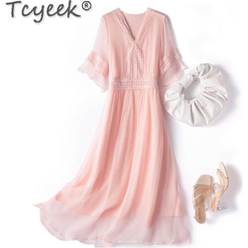 Tcyeek 100% Real Silk Summer Dress White Beach Dress Long Dresses for Women 2021 Elegant Korean Fashion Vestidos De Verano Gxy11