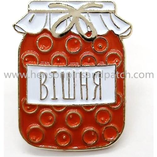 Customized gold iron cut shape metal soft enamel red bottle pin badge