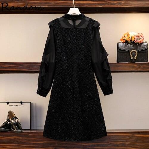 Plus Size L-5XL Women Sweet Black Mesh Chiffon Sequin Tweed Party Dress Spring Summer High Waist Lace A Line Dresses New Cloth