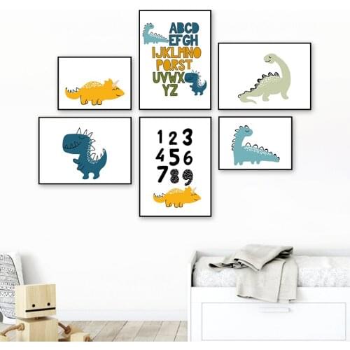 Cute Colorful The Alphabet Dinosaur Wall Art Canvas Painting Nordic Posters And Prints Cartoon Wall Pictures For Kids Room Decor