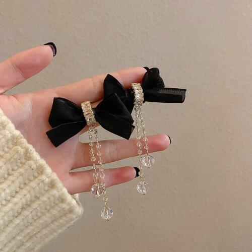 Minar Exaggerated Clear Crystal Black Velvet Bowknot Tassel Earrings for Women Plush Tie Bow Rhinestones Long Drop Earrings Gift