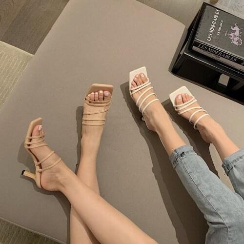 Non-Slip Square Toe Womens Slipper Shoes Summer Mules Sandals Multi knot Sexy High Heel Slides Ladies Rome Shoes Women Slippers