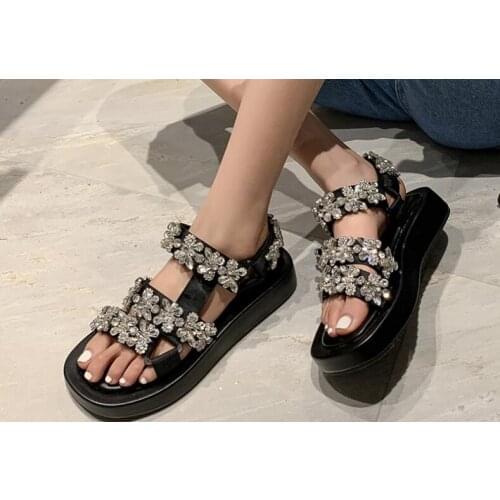 Small Size 33 Girls Black Bling Bling Crystal Diamond Floral Platform Sandals Woman 35 mm Thick Sole Open Toe Casual Shoes