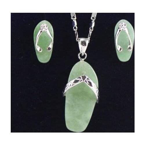 New Light Green stone Shoes Pendant Necklace Earrings Set