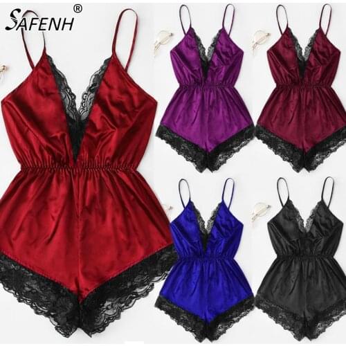 Fashion Women Summer Pizama Damska Bawelna Sexy Lingerie Girl V neck Pijamas Para As Mulheres Lace Splice Bodysuit Sleepwear