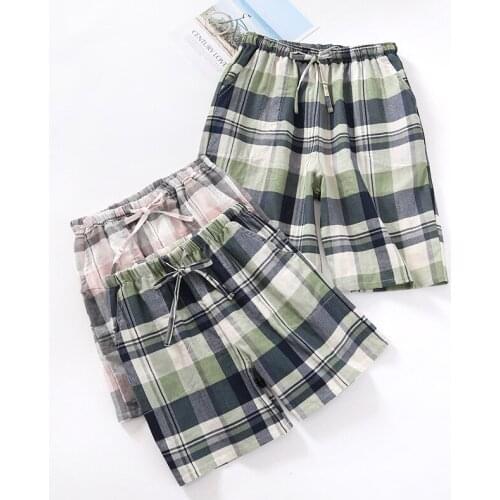 Fdfklak Sleep Pants Summer Couple Plaid Pajamas Shorts Men And Women Cotton Gauze Thin Section Shorts Home Pants