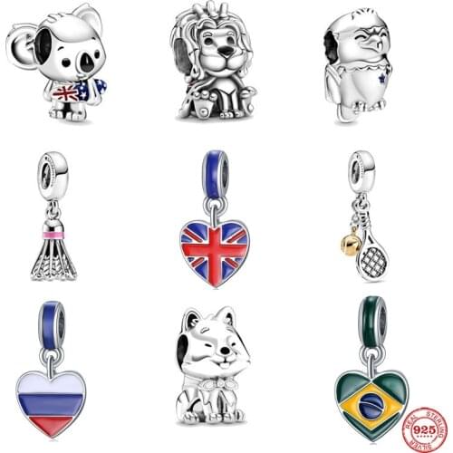 Surfing Koala Union Jack Lion Badminton Tennis dangle DIY fine beads Fit Original Pandora Charms silver 925 Bracelet Jewelry