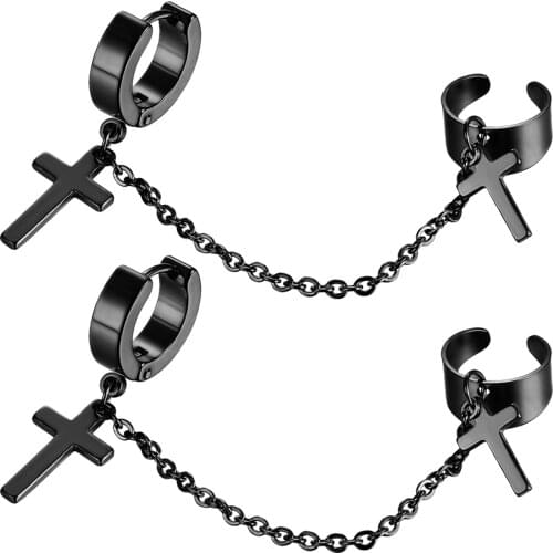 Boniskiss Punk Men Women Stainless Steel Earrings Metal Chain Double Cross Pendents Black/gold Color Earrings Gothic Jewelry