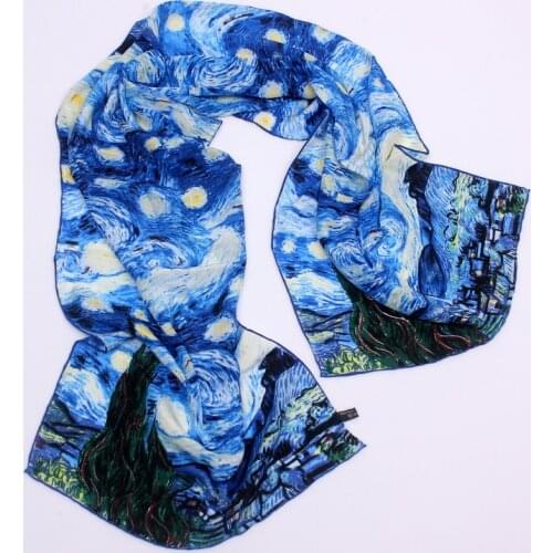 Vintage 100% Real Silk Scarf For Ladies Scarves Spring Fall Van Gogh Oil Painting Square Scarves Wraps