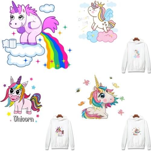 Cute Unicorn Iron On Transfer Patches For Clothing Cartoon Heat Transfer Vinyl Thermal Stickers on Clothes Girl Clothes Applique