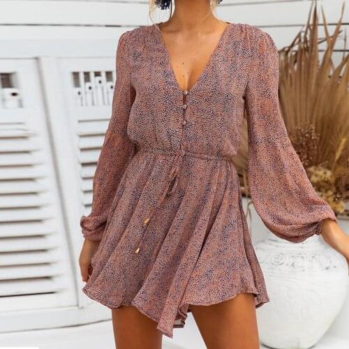 Floral Chiffon Jumpsuit for Women Sexy V Neck Long Sleeve Bodysuit Drawstring Summer Beach Party Rompers Overalls Playsuit 2021
