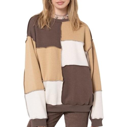 Women Color Block Sweater Casual Long Sleeve Round Neck Patchwork Pullover Ladies Fashion Oversized Winter Loose Sweater