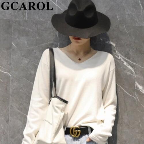 GCAROL Women V Neck 30% Wool Sweater Candy Knitted Jumper Stretch Skin-friendly Jersey Fall Winter Bottoming Daily Knitwear 2XL