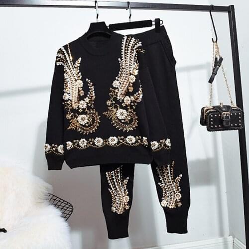 High Quality Autumn Sequins Beading Sets Women Embroidery Long Sleeve knitted Sweater + Harlan Pants Two Pieces Set Ladies H1592