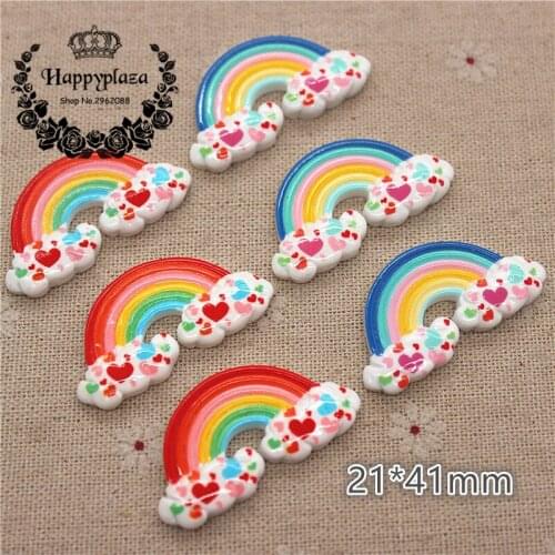 10pcs Kawaii Resin Heart Cloud Rainbow Flatback Cabochon Miniature Art DIY Scrapbooking Hair Bow Center,21*41mm