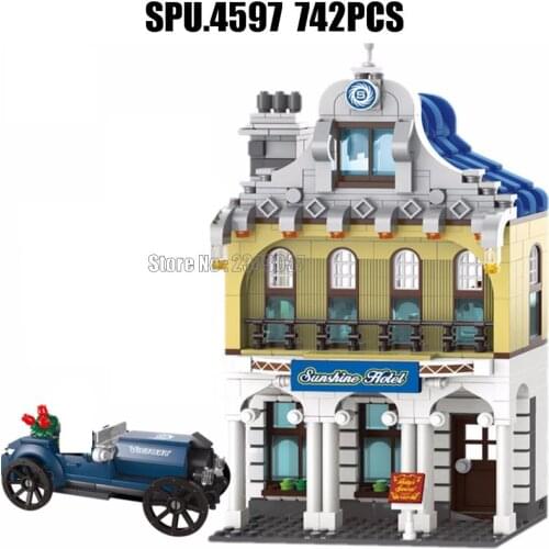 1127 742pcs Urban Sunshine Hotel Holiday Inn Antique Car Enlighten Building Block 3 Toy