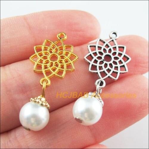 18Pcs Gold Tibetan Silver Tone Lotus Flower White Glass Beads Charms Pendants 14x32mm