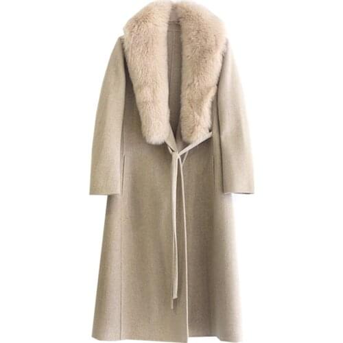 2020 women winter Oversized fox fur collar overcoat double side wool overcoat slim fit Waist long women wool coat