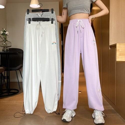 Summer new style Korean rainbow embroidery loose harem pants thin section high waist casual sporty wide leg pants women