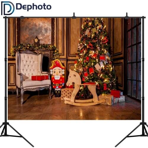 Dephoto Christmas Photography Backdrops Fireplace Tree Gifts Wooden Horse Decoration Photo Background Studio Photobooth Props