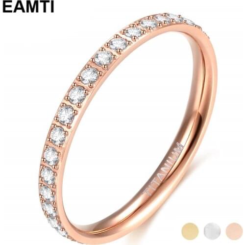 Eamti 2mm Women Titanium Ring Cubic Zirconia Anniversary Wedding Engagement Band Size 4 to 13 bagues pour femme