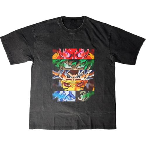 My Hero Academia Funny Cartoon T Shirt Men Demon Slayer anime T-shirt Retro Washed Cotton Graphic Tshirt Hip Hop Top Tees Male