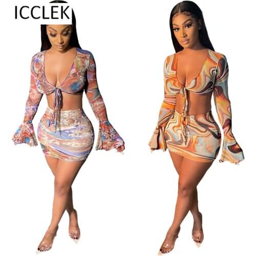 ICCLEK Wholesale Items Plus Size Summer Women 2 Two Piece Set Mesh Print Sexy Trumpet Sleeves Waistless Plus Hip Skirt