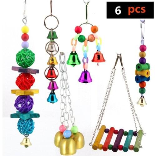 6pcs/set Parrot Bird Toy Hanging Wooden Bridge Colorful Beading Bell Toys Birds Chew Bird accessories