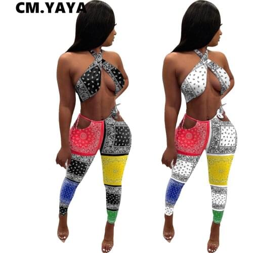 CM.YAYA Fahsion 2 Piece Set Print Sleeveless Halter Super-short Tops Low Waist Drawstring Hollow Out Long Pants Sexy Clothing