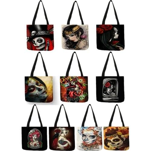 Cool Floral Skull Girl Women Tote Bag Linen Shopping Bags With Customized Double Side Print Halloween Handbags Traveling Totes
